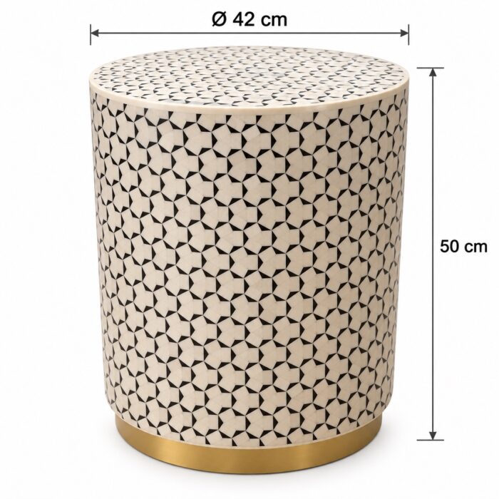 Geometric Mosaic Drum Stool, 42 cm Diameter × 50 cm Height, Ivory & Black — Dimensions: 42 cm diameter, 50 cm height