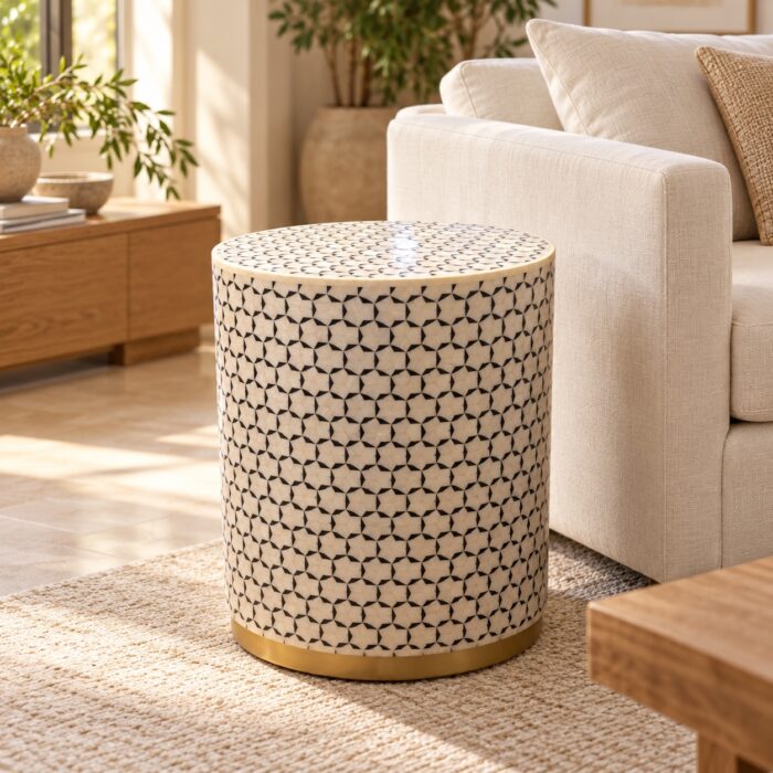 Geometric Mosaic Drum Stool, 42 cm Diameter × 50 cm Height, Ivory & Black — Living room styling