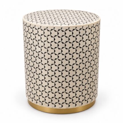 Geometric Mosaic Drum Stool, 42 cm Diameter × 50 cm Height, Ivory & Black — White background