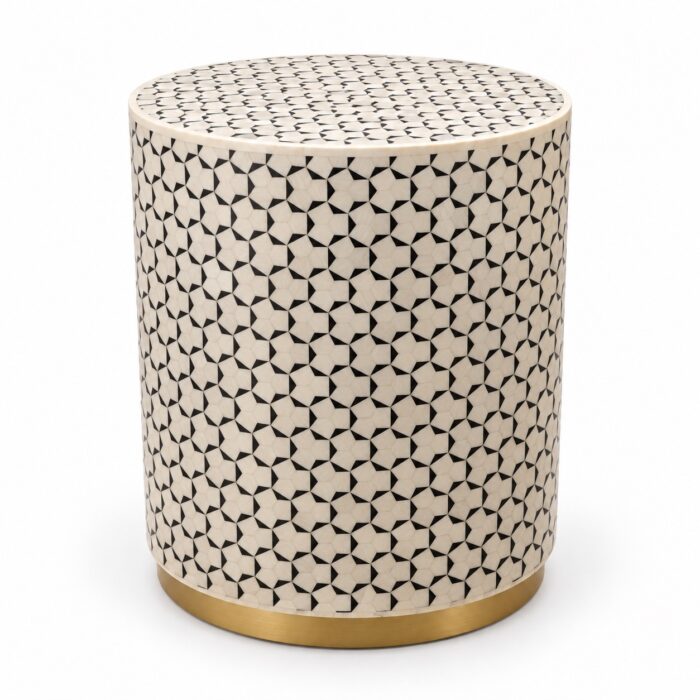 Geometric Mosaic Drum Stool, 42 cm Diameter × 50 cm Height, Ivory & Black — White background