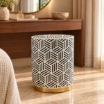 Geometric Weave Drum Stool, 42 cm Diameter × 50 cm Height, Ivory & Black — Bedroom dressing area styling