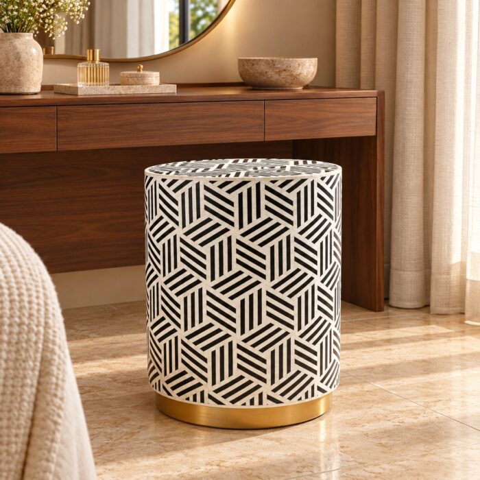 Geometric Weave Drum Stool, 42 cm Diameter × 50 cm Height, Ivory & Black — Bedroom dressing area styling