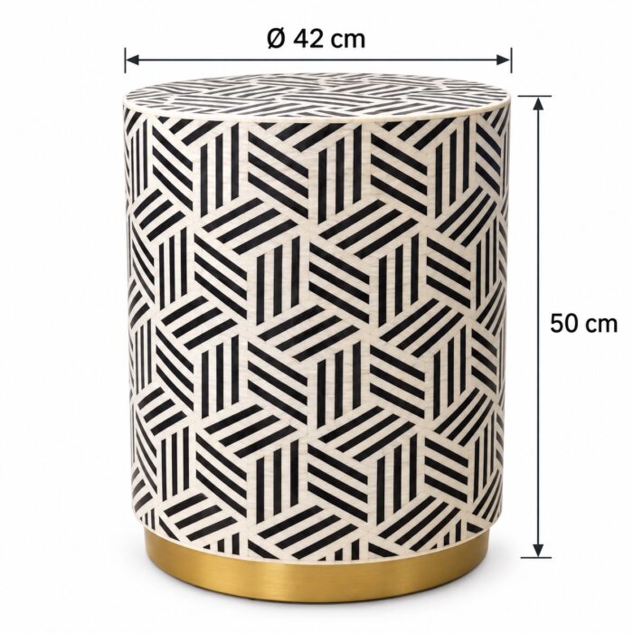 Geometric Weave Drum Stool, 42 cm Diameter × 50 cm Height, Ivory & Black — Dimensions: 42 cm diameter, 50 cm height