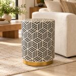 Geometric Weave Drum Stool, 42 cm Diameter × 50 cm Height, Ivory & Black — Living room styling