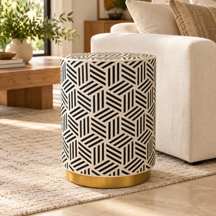 Geometric Weave Drum Stool, 42 cm Diameter × 50 cm Height, Ivory & Black — Living room styling