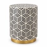 Geometric Weave Drum Stool, 42 cm Diameter × 50 cm Height, Ivory & Black — White background