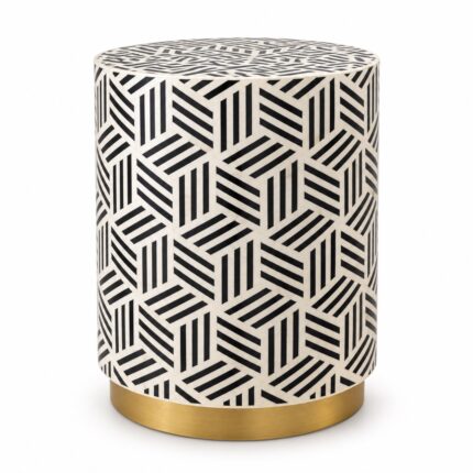 Geometric Weave Drum Stool, 42 cm Diameter × 50 cm Height, Ivory & Black — White background