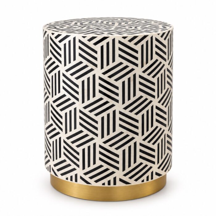 Geometric Weave Drum Stool, 42 cm Diameter × 50 cm Height, Ivory & Black — White background