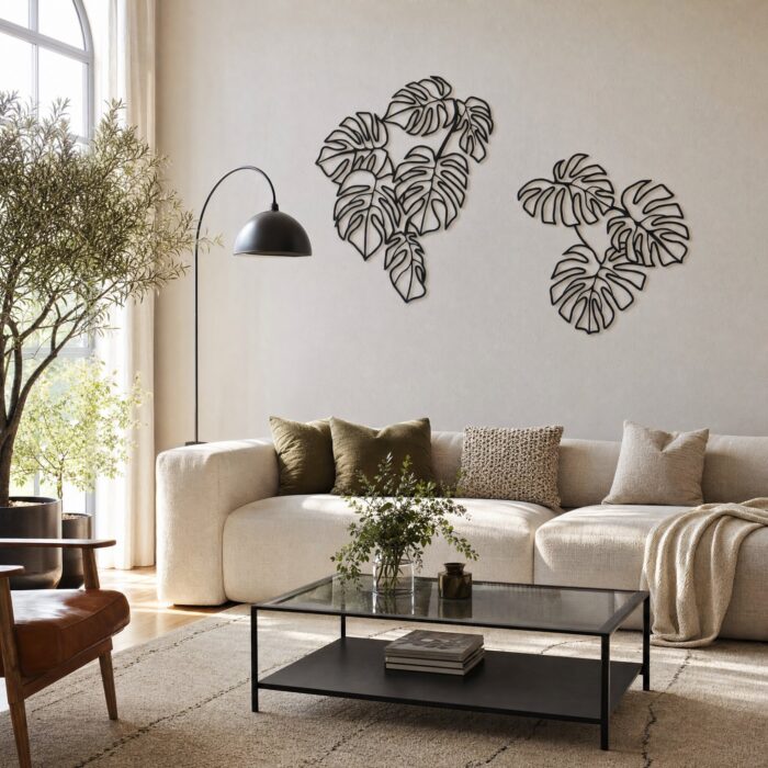 Large Monstera Clusters Metal Wall Art in a living space