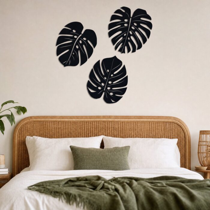 Large Solid Monstera Leaves Metal Wall Art styled at home