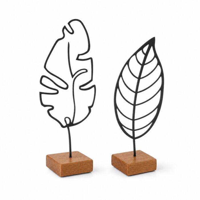 Leaf Outline Metal Table Sculptures on Wooden Base on a white background