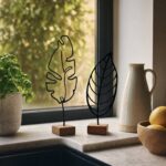 Leaf Outline Metal Table Sculptures on Wooden Base in a living space