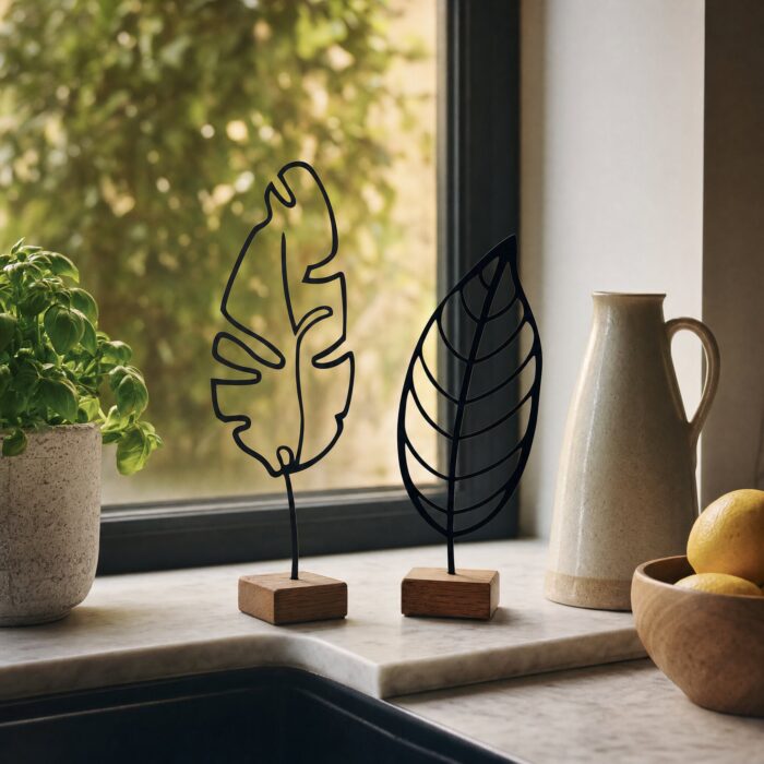 Leaf Outline Metal Table Sculptures on Wooden Base in a living space