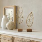 Leaf Outline Metal Table Sculptures on Wooden Base styled at home