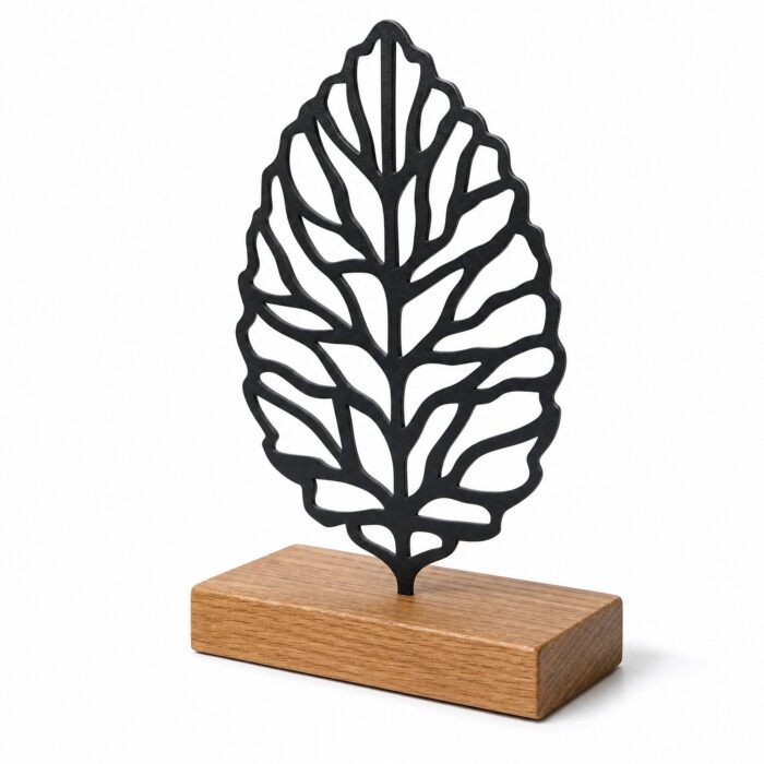 Leaf Vein Metal Table Sculpture on Wooden Base on a white background
