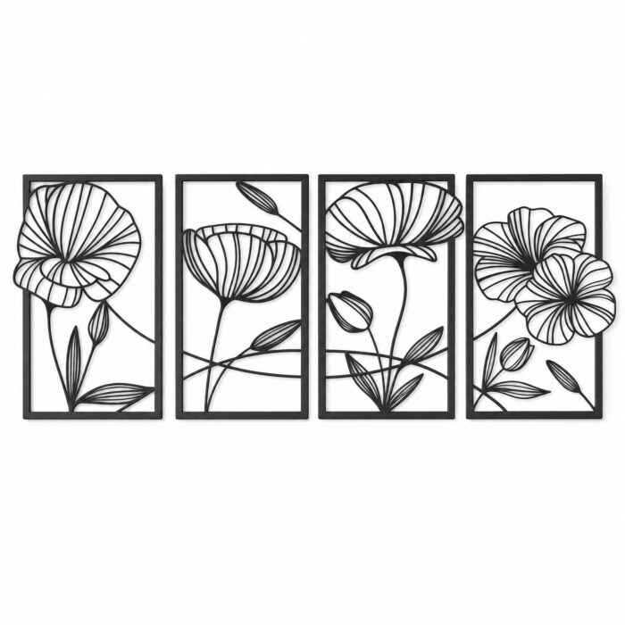 Line Art Poppy Flowers Framed Metal Wall Art on a white background