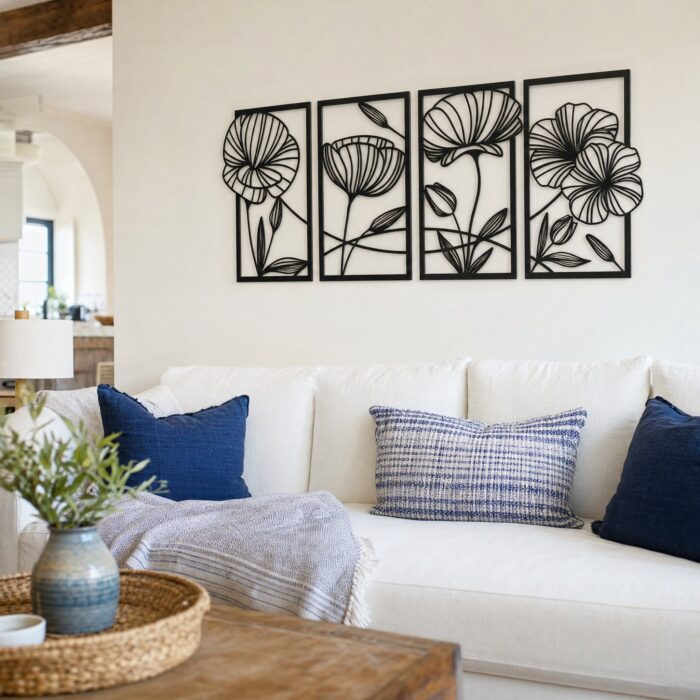 Line Art Poppy Flowers Framed Metal Wall Art in a living space