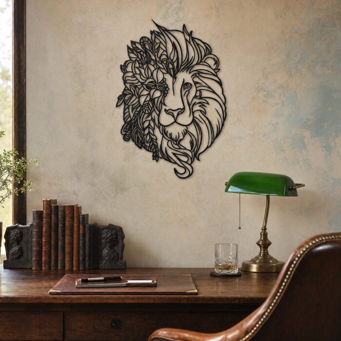 Lion Head Floral Mane Metal Wall Art in a living space
