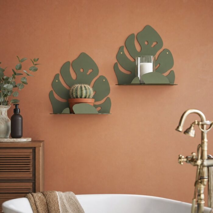 Monstera Leaf Metal Wall Shelves in a living space