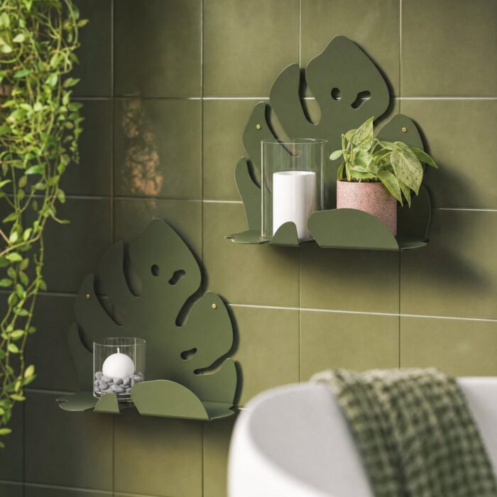 Monstera Leaf Metal Wall Shelves styled at home
