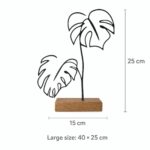 Monstera Plant Outline Metal Table Sculpture on Wooden Base dimensions