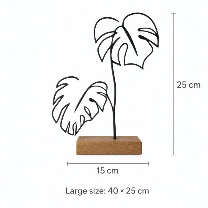 Monstera Plant Outline Metal Table Sculpture on Wooden Base dimensions