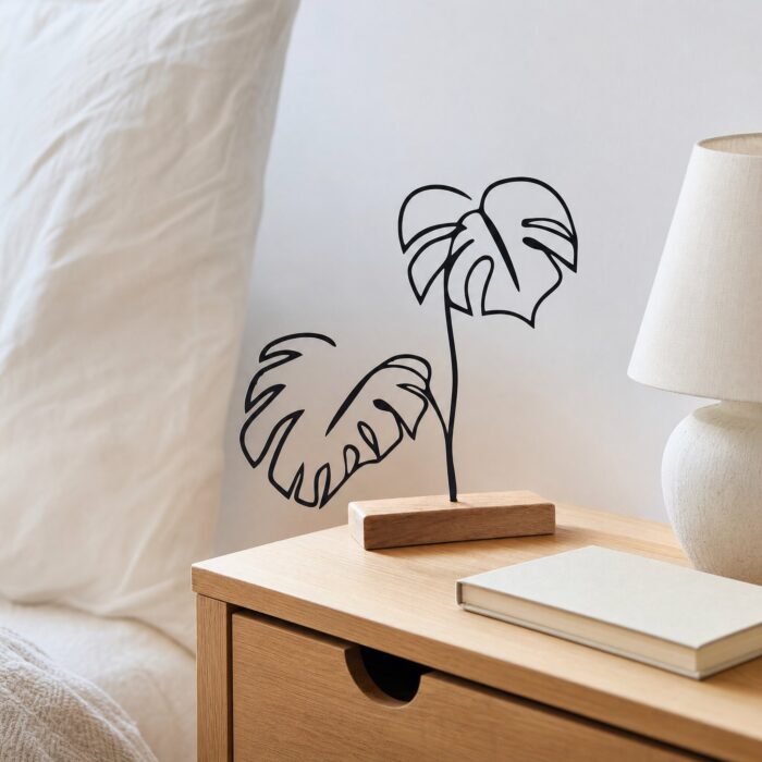 Monstera Plant Outline Metal Table Sculpture on Wooden Base in a living space