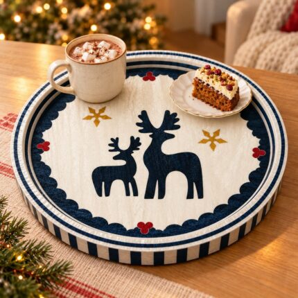 Navy Reindeer on Ivory round tray serving hot cocoa and cake