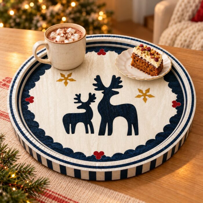 Navy Reindeer on Ivory round tray serving hot cocoa and cake