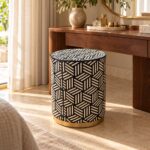 Geometric Weave Drum Stool, 42 cm Diameter × 50 cm Height, Black & Ivory — Bedroom dressing area styling