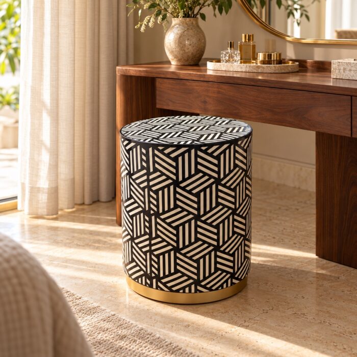 Geometric Weave Drum Stool, 42 cm Diameter × 50 cm Height, Black & Ivory — Bedroom dressing area styling