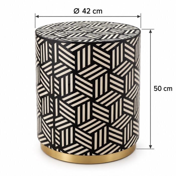 Geometric Weave Drum Stool, 42 cm Diameter × 50 cm Height, Black & Ivory — Dimensions: 42 cm diameter, 50 cm height