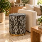 Geometric Weave Drum Stool, 42 cm Diameter × 50 cm Height, Black & Ivory — Living room styling