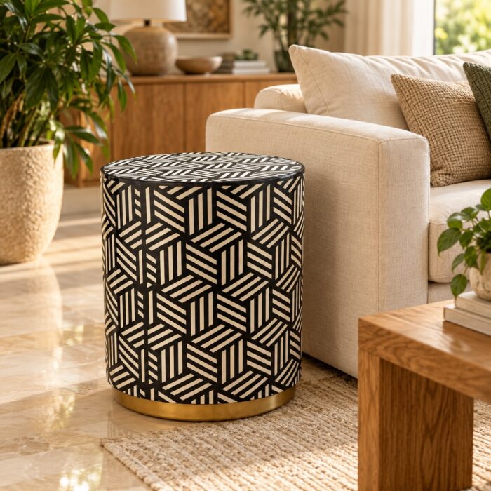 Geometric Weave Drum Stool, 42 cm Diameter × 50 cm Height, Black & Ivory — Living room styling