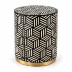 Geometric Weave Drum Stool, 42 cm Diameter × 50 cm Height, Black & Ivory — White background