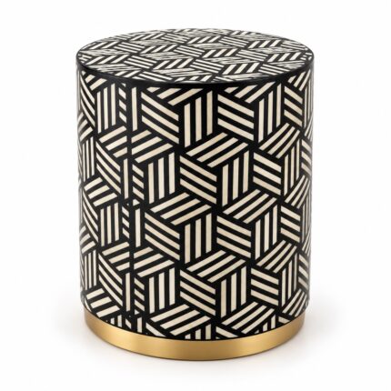Geometric Weave Drum Stool, 42 cm Diameter × 50 cm Height, Black & Ivory — White background