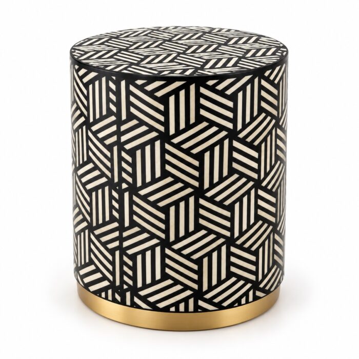 Geometric Weave Drum Stool, 42 cm Diameter × 50 cm Height, Black & Ivory — White background