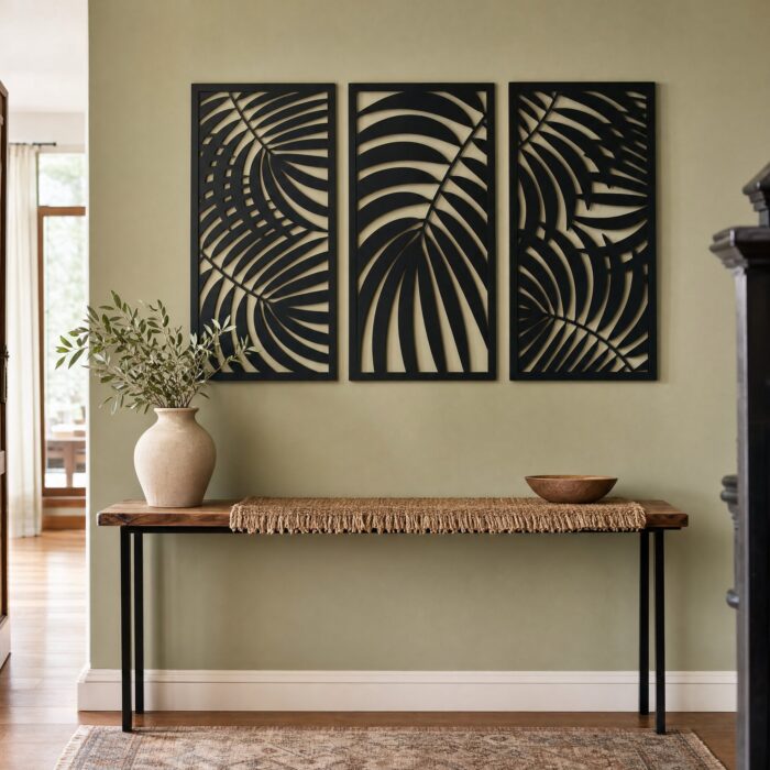 Palm Leaf Cut-Out Metal Wall Panels styled at home