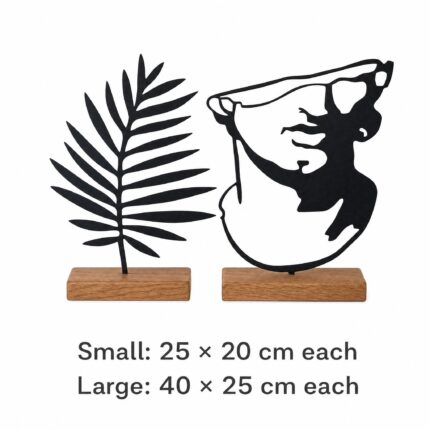 Palm Leaf & Face Silhouette Metal Table Sculptures on Wooden Base dimensions