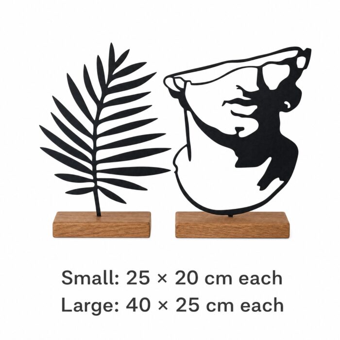 Palm Leaf & Face Silhouette Metal Table Sculptures on Wooden Base dimensions
