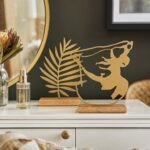 Palm Leaf & Face Silhouette Metal Table Sculptures on Wooden Base styled at home