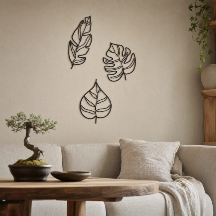Three Leaves Outline Metal Wall Art styled at home