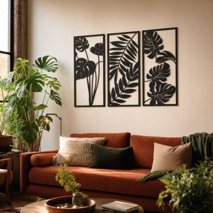 Tropical Leaves Tall Framed Metal Wall Art in a living space